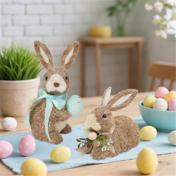 Set of 2 Easter Decorations Bunny Figurines with Eggs Spring Straw - Picture 12 of 14